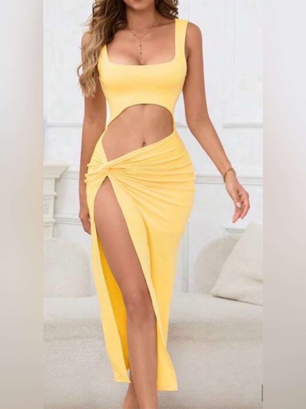 Effordram Yellow Sleeveless Square-Neck Maxi Dress size M